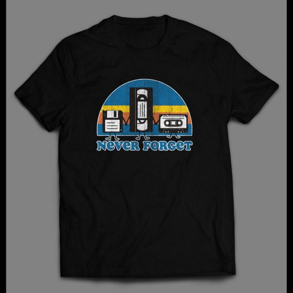 OLDSKOOL NEVER FORGET COMPUTER DISK, VCR TAPE, AND CASSETTE TAPE DISTRESSED SHIRT