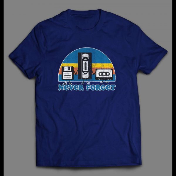 OLDSKOOL NEVER FORGET COMPUTER DISK, VCR TAPE, AND CASSETTE TAPE DISTRESSED SHIRT