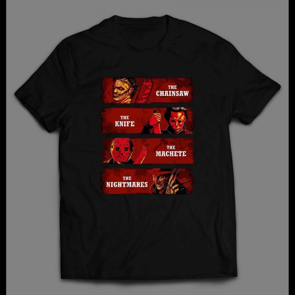 HORROR MOVIE KILLERS WEAPONS HALLOWEEN SHIRT