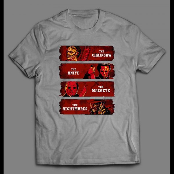 HORROR MOVIE KILLERS WEAPONS HALLOWEEN SHIRT