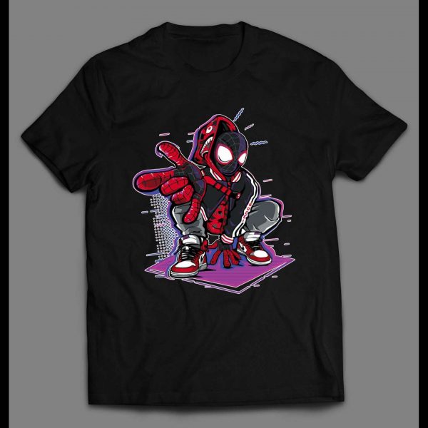 CROUCHING MILES MORALES SPIDERMAN WEARING JORDANS COMICBOOK SHIRT
