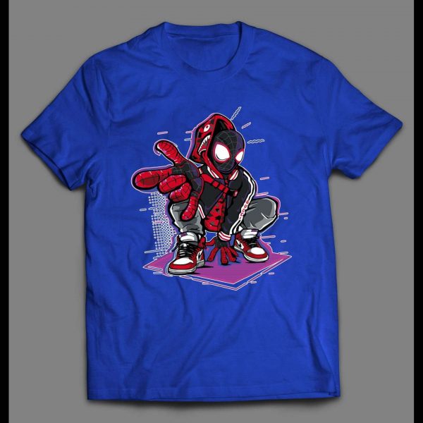 CROUCHING MILES MORALES SPIDERMAN WEARING JORDANS COMICBOOK SHIRT