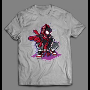 CROUCHING MILES MORALES SPIDERMAN WEARING JORDANS COMICBOOK SHIRT