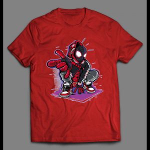 CROUCHING MILES MORALES SPIDERMAN WEARING JORDANS COMICBOOK SHIRT