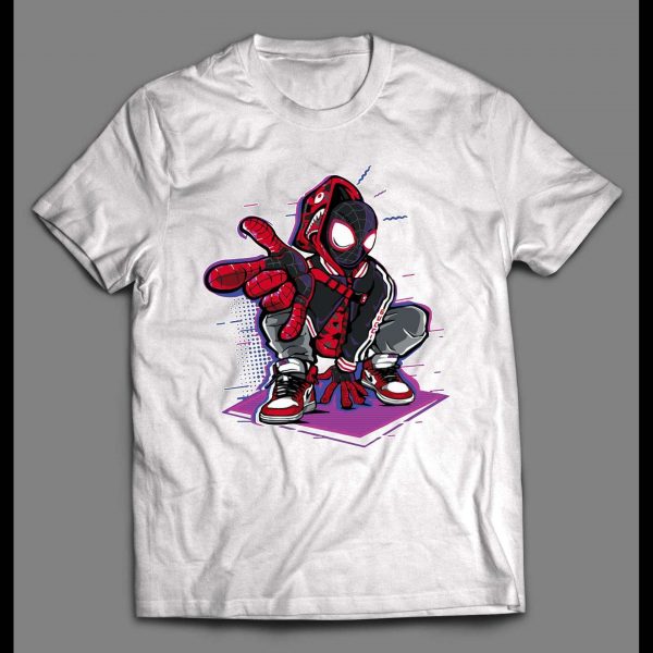 CROUCHING MILES MORALES SPIDERMAN WEARING JORDANS COMICBOOK SHIRT