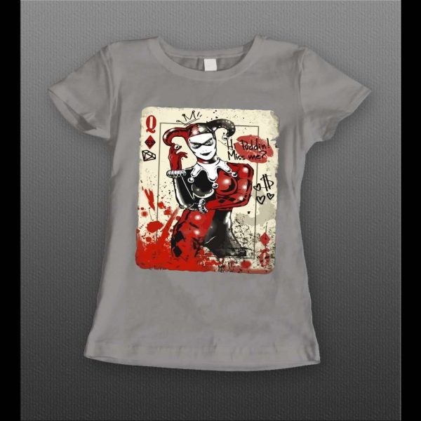 HARLEY QUINN PLAYING CARD HI PUDDIN' MISS ME? COMIC ART LADIES SHIRT