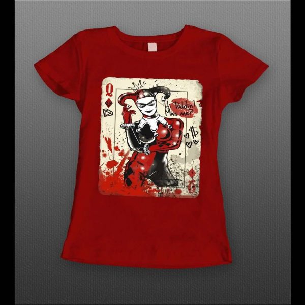HARLEY QUINN PLAYING CARD HI PUDDIN' MISS ME? COMIC ART LADIES SHIRT