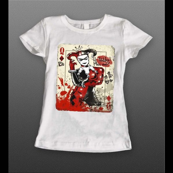 HARLEY QUINN PLAYING CARD HI PUDDIN' MISS ME? COMIC ART LADIES SHIRT