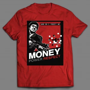 SCARFACE RETRO STYLE MONEY POWER RESPECT VIDEO GAME BOX ART SHIRT