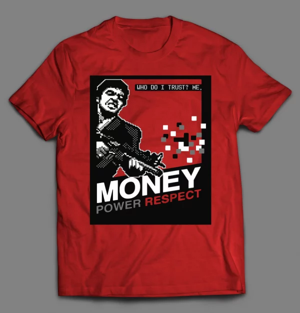SCARFACE RETRO STYLE MONEY POWER RESPECT VIDEO GAME BOX ART SHIRT