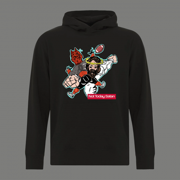 JESUS CHRIST FOOTBALL STIFF ARM THE DEVIL NOT TODAY SATAN RELIGION WINTER HOODIE / SWEATSHIRT
