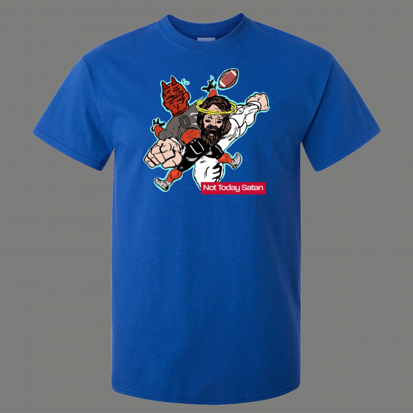 NOT TODAY SATAN JESUS STIFF ARM DEVIL FOOTBALL QUALITY SHIRT *MANY OPTIONS*