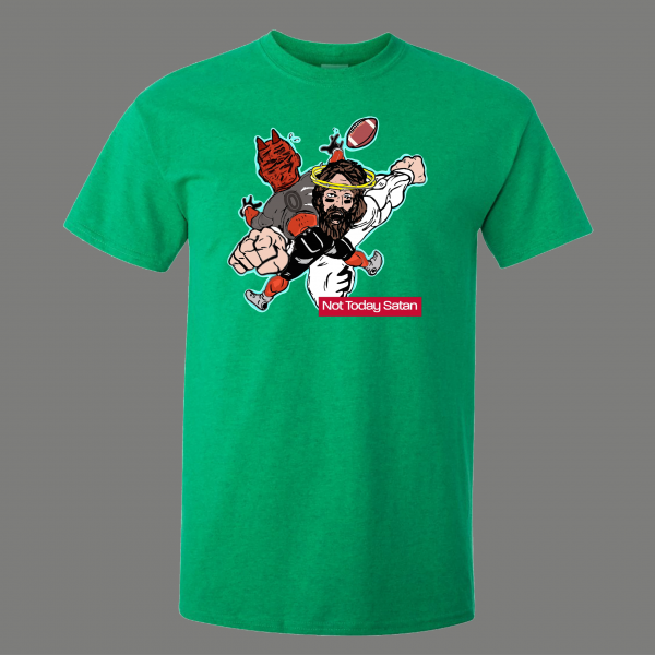 NOT TODAY SATAN JESUS STIFF ARM DEVIL FOOTBALL QUALITY SHIRT *MANY OPTIONS*