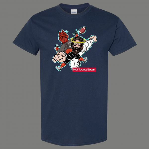 NOT TODAY SATAN JESUS STIFF ARM DEVIL FOOTBALL QUALITY SHIRT *MANY OPTIONS*