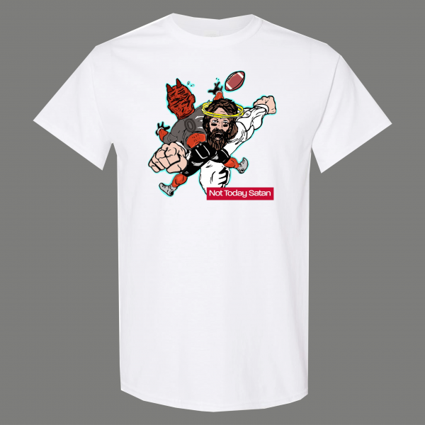 NOT TODAY SATAN JESUS STIFF ARM DEVIL FOOTBALL QUALITY SHIRT *MANY OPTIONS*