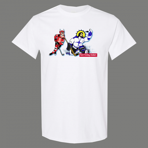 NOT TODAY SATAN JESUS BLOCKS DEVIL HOCKEY QUALITY SHIRT *MANY OPTIONS*