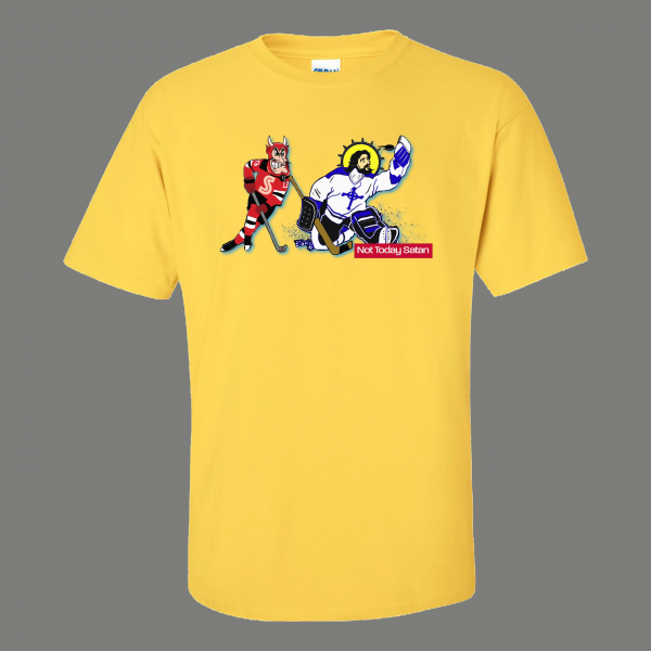 NOT TODAY SATAN JESUS BLOCKS DEVIL HOCKEY QUALITY SHIRT *MANY OPTIONS*